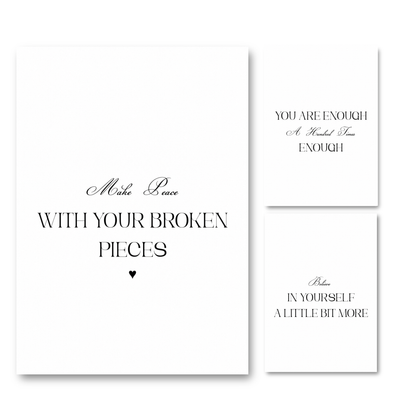 Set of three minimalist typography wall art prints featuring spiritual healing quotes Make Peace With Your Broken Pieces, You Are Enough, and Believe In Yourself.
