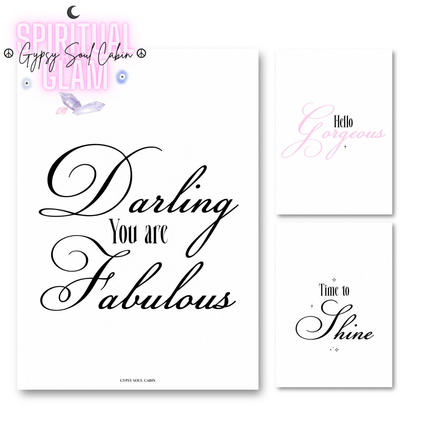 Set of three minimalist black and white A4 typography wall art prints featuring encouraging morning beauty quotes and affirmations.