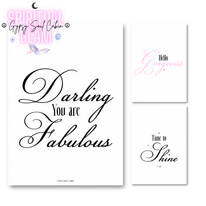 Set of three minimalist black and white A4 typography wall art prints featuring encouraging morning beauty quotes and affirmations.