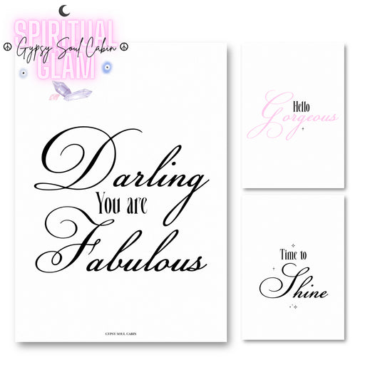 Set of three minimalist black and white A4 typography wall art prints featuring encouraging morning beauty quotes and affirmations.