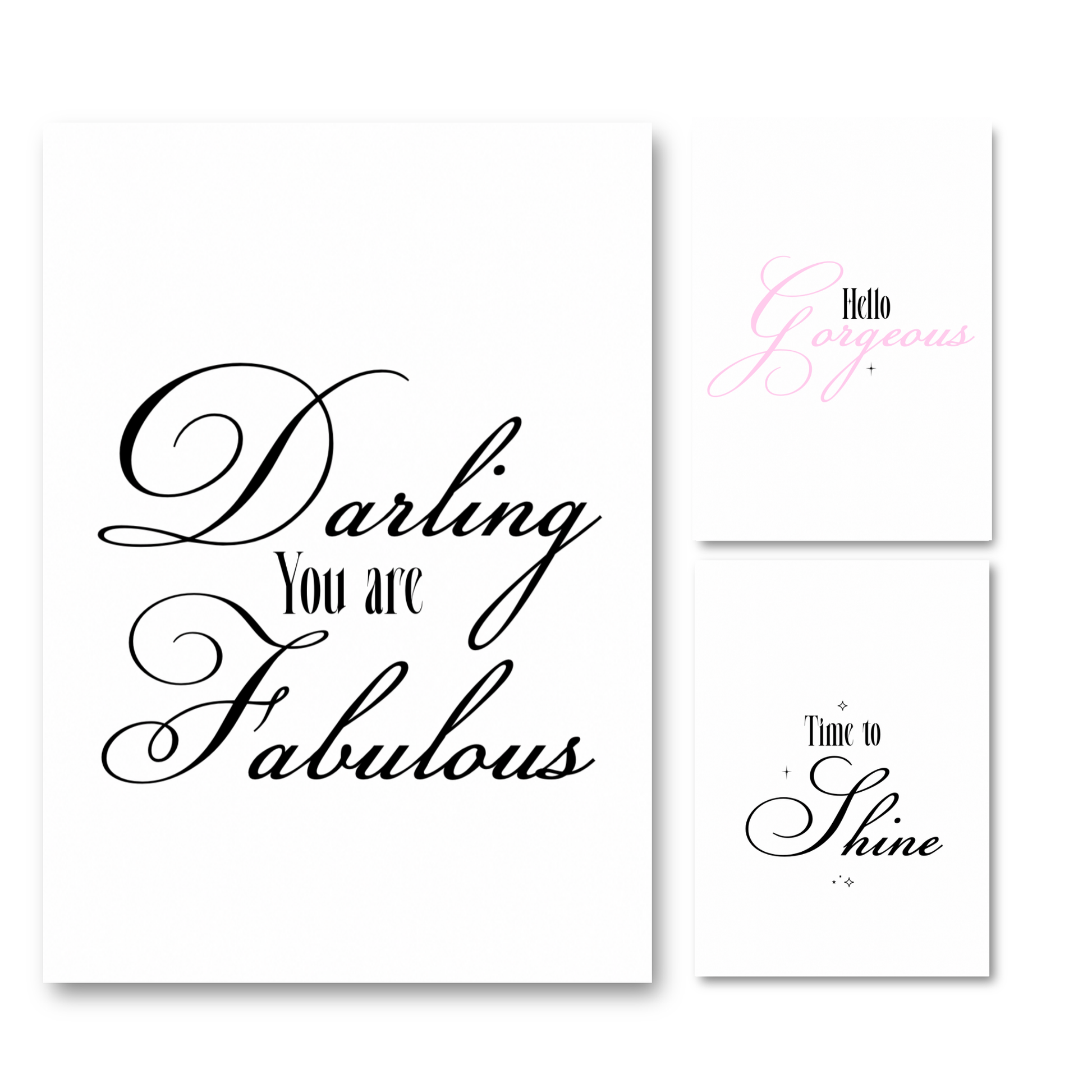 Set of three minimalist black and white A4 typography wall art prints featuring encouraging morning beauty quotes and affirmations.