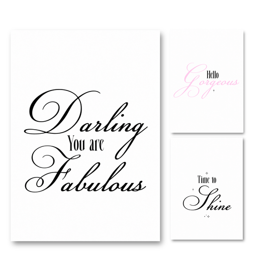 Set of three minimalist black and white A4 typography wall art prints featuring encouraging morning beauty quotes and affirmations.