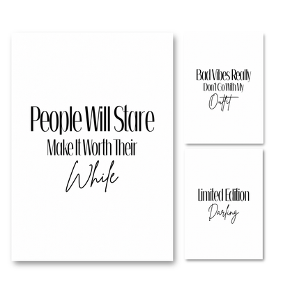 Feminine Energy print set featuring high-contrast, black, chic fashion-icon typography; A4 posters for dressing room wall art by Gypsy Soul Doll.