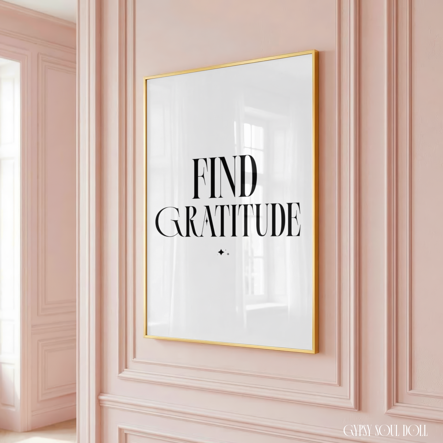 Find Gratitude minimalist typography wall art print displayed in three colour options, including solid velvet black, soft pink, and pastel blue on clean borderless white backgrounds.