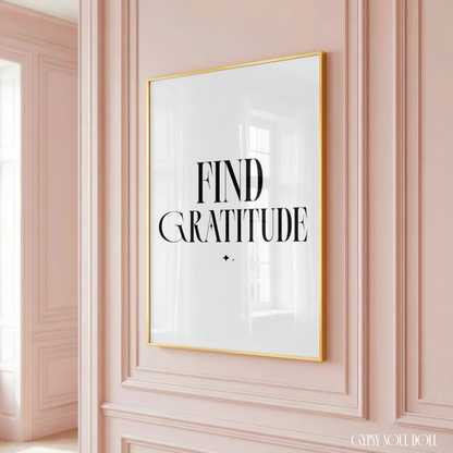 Find Gratitude minimalist typography wall art print displayed in three colour options, including solid velvet black, soft pink, and pastel blue on clean borderless white backgrounds.