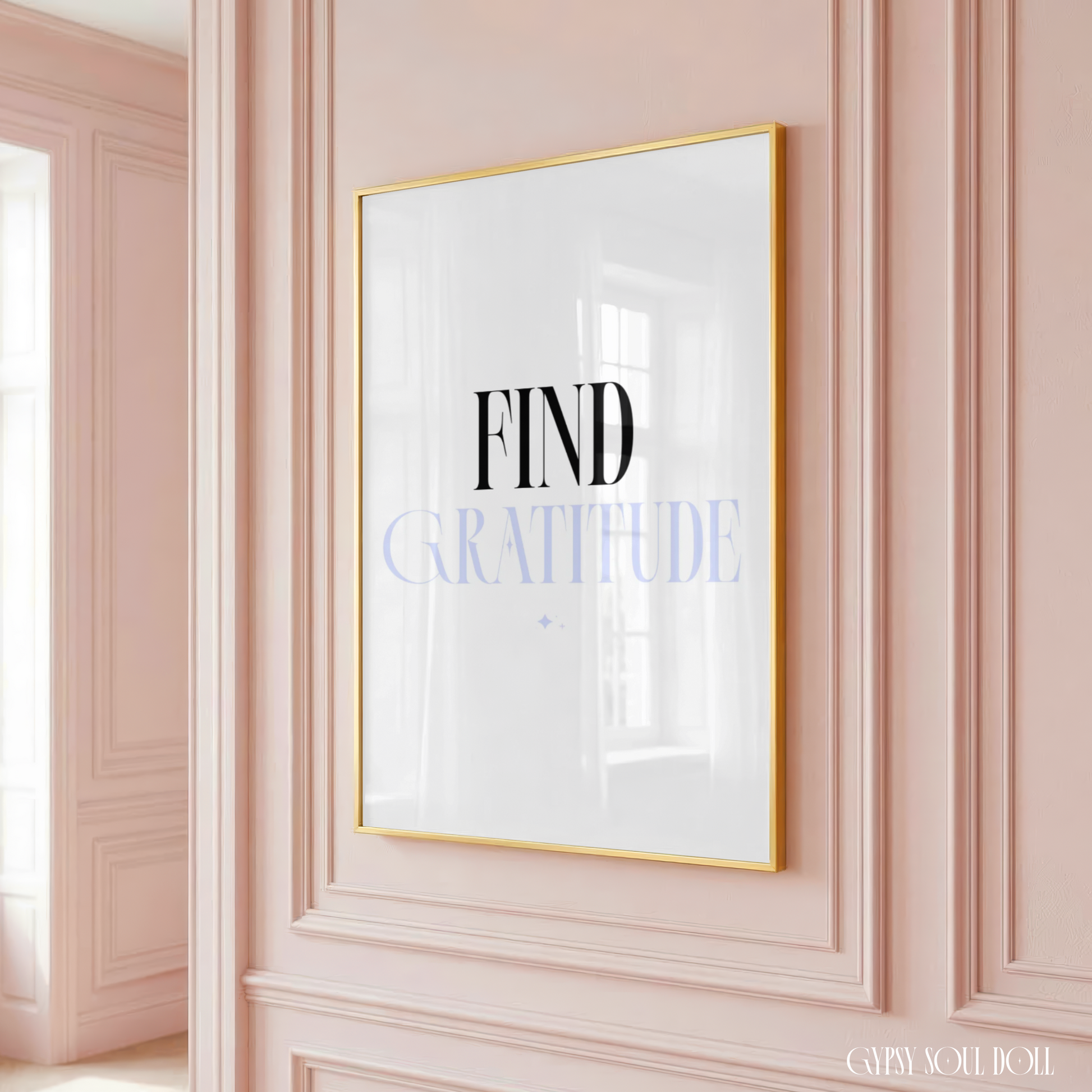Minimalist A4 typography print reading Find Gratitude featuring an elegant blend of black serif lettering and a soft lavender blue accent on a clean white background.