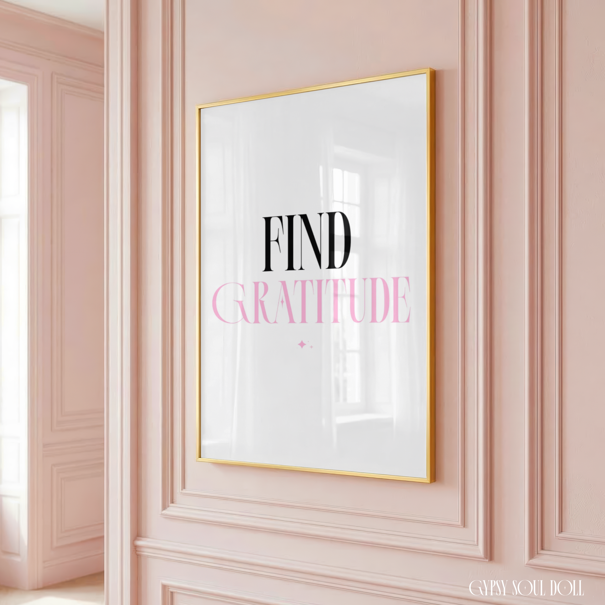 Minimalist A4 typography print reading Find Gratitude featuring an elegant blend of black serif lettering and soft pastel pink script on a clean white background.