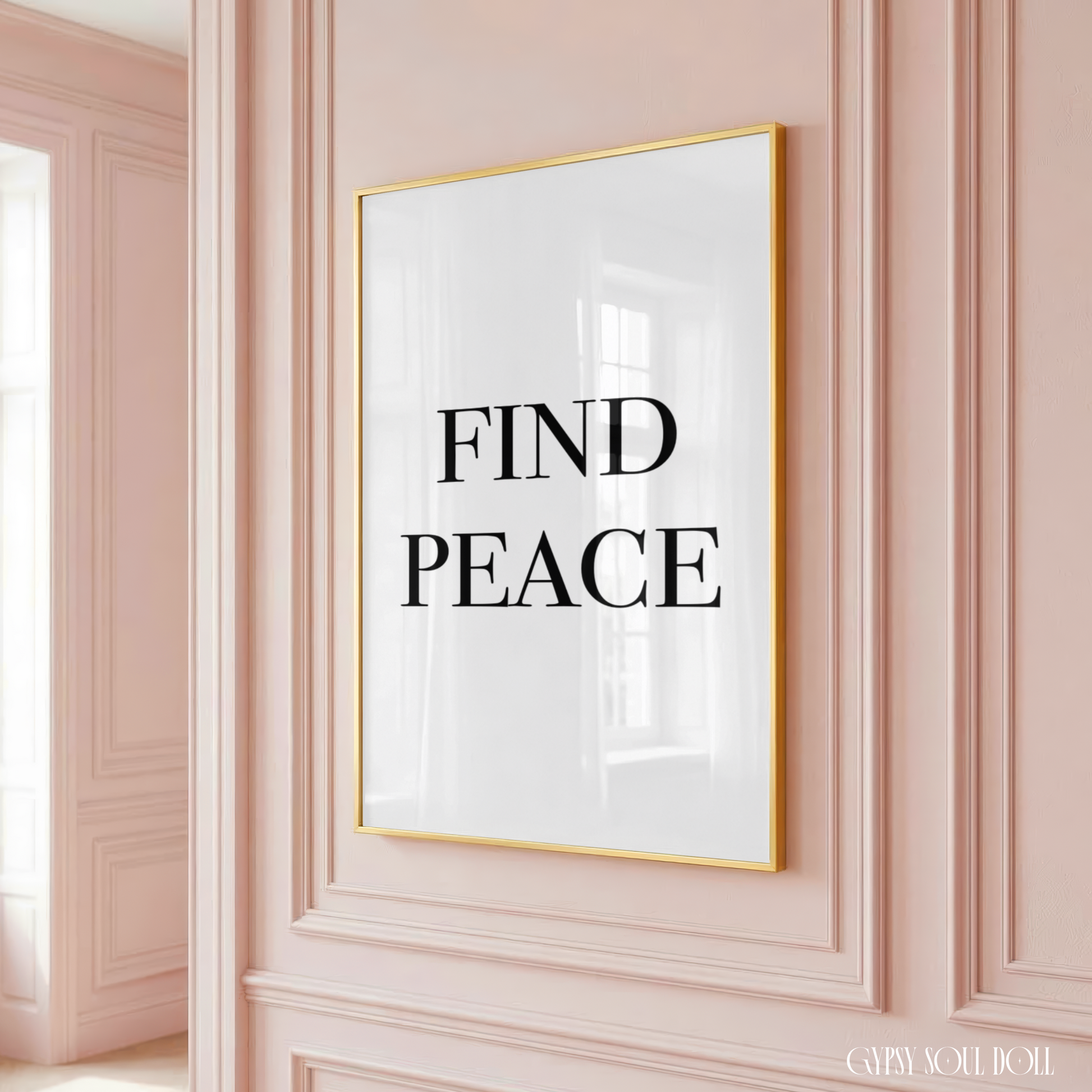 Simple black and white mindfulness text print showcasing the two-line quote FIND PEACE written in a sophisticated modern font format.