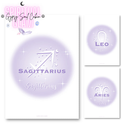 Set of three high-vibe pastel lavender gradient aura typography prints, including Sagittarius, Leo, and Aries zodiac signs.