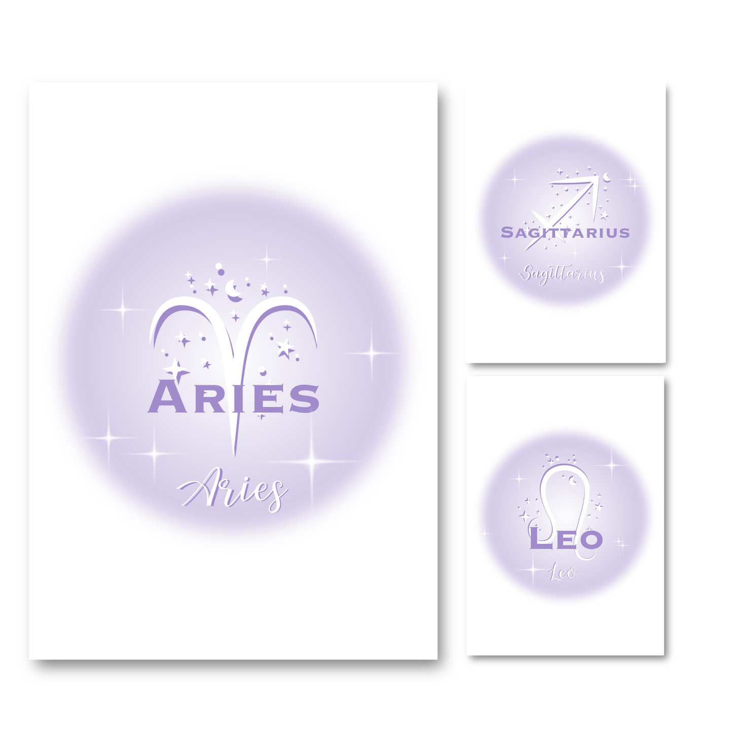 Set of three high-vibe pastel lavender gradient aura typography prints, including Sagittarius, Leo, and Aries zodiac signs.