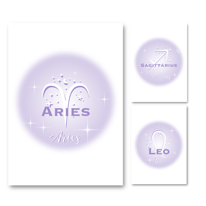 Set of three high-vibe pastel lavender gradient aura typography prints, including Sagittarius, Leo, and Aries zodiac signs.