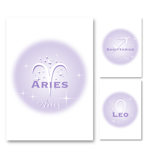 Set of three high-vibe pastel lavender gradient aura typography prints, including Sagittarius, Leo, and Aries zodiac signs.
