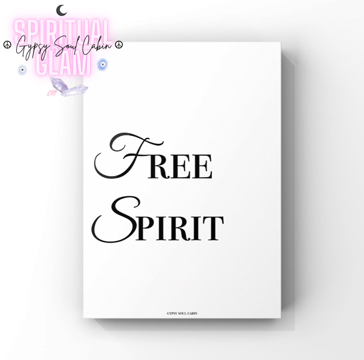 Minimalist black and white typography wall art print displaying the phrase Free Spirit in a stylish mix of elegant script and serif font styles.