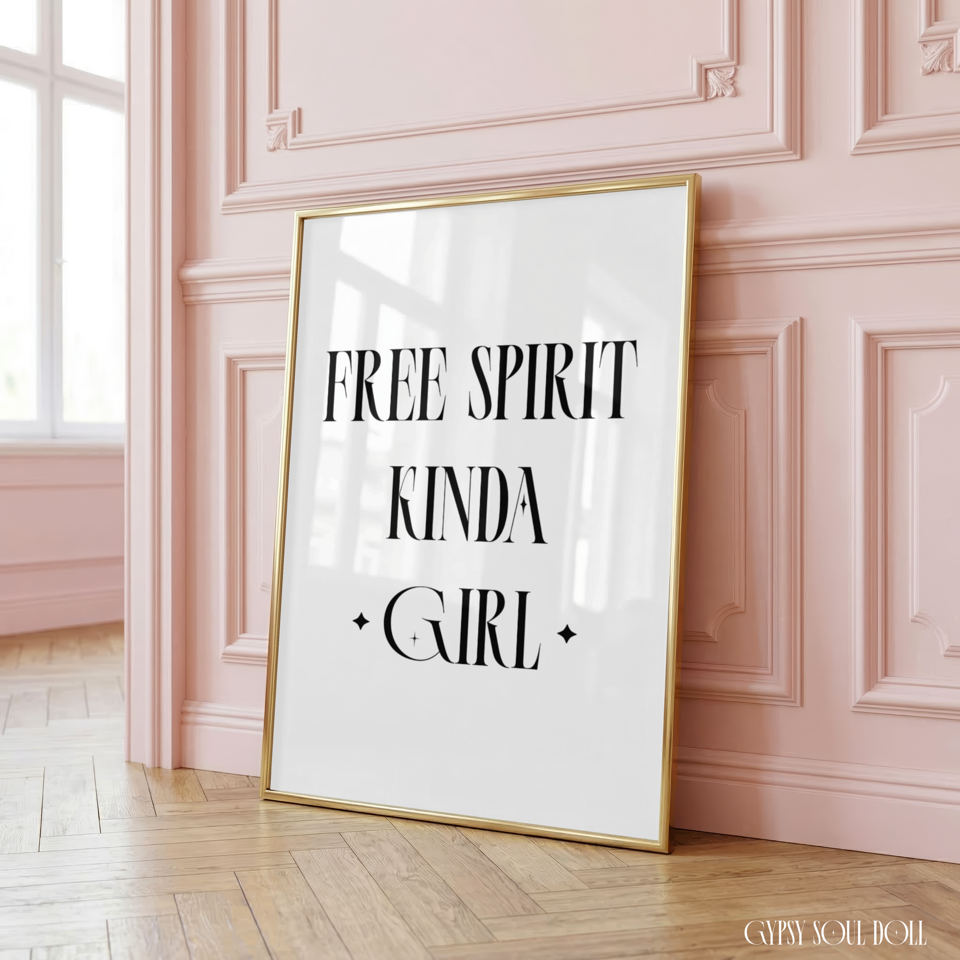 Minimalist A4 typography print reading Free Spirit Kinda Girl featuring tall black serif lettering with delicate star sparkle details on a clean white background.