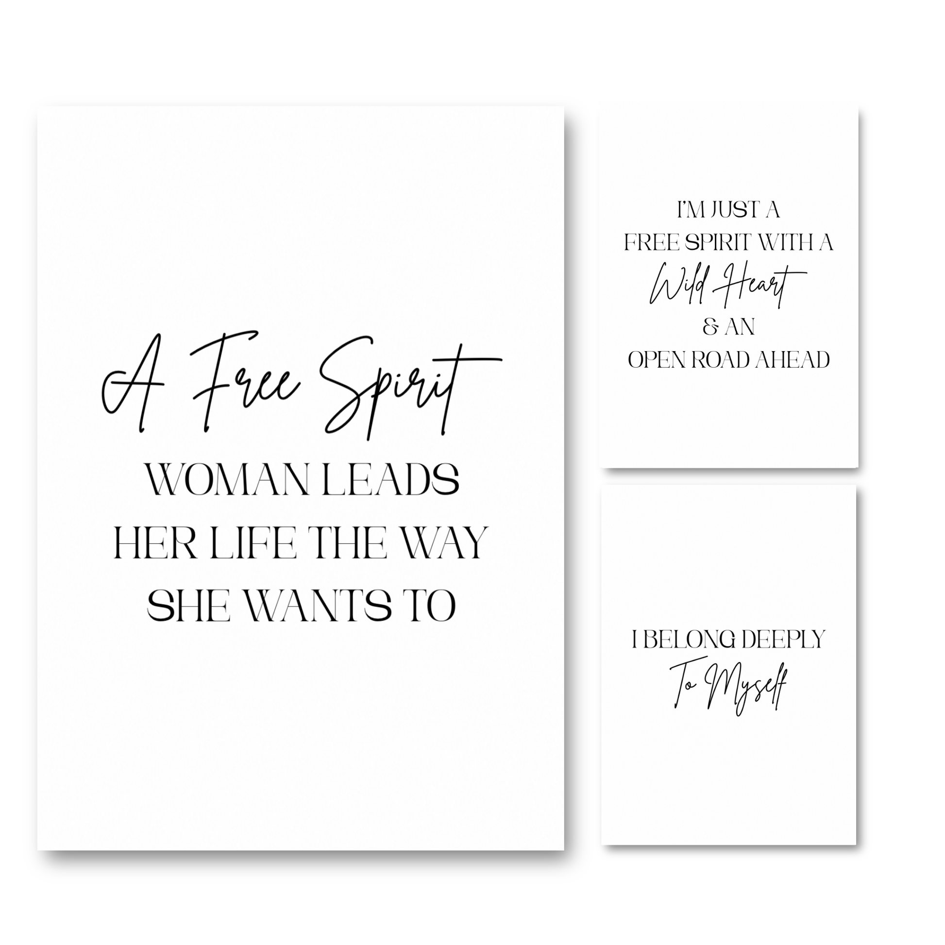 Set of three minimalist black and white typography prints featuring independent woman quotes, wild heart travel affirmations, and self-belonging reminders.
