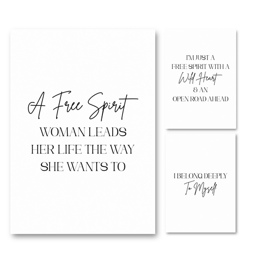 Set of three minimalist black and white typography prints featuring independent woman quotes, wild heart travel affirmations, and self-belonging reminders.