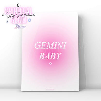 Gypsy Soul Cabin Gemini Baby pink gradient aura art print with aesthetic spiritual typography and a vibrant pink energy design.