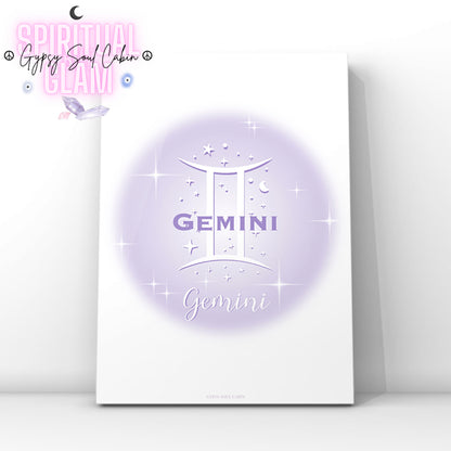 Minimalist aesthetic lavender aura print featuring the Gemini zodiac glyph centred with celestial stars and Y2K sparkles.
