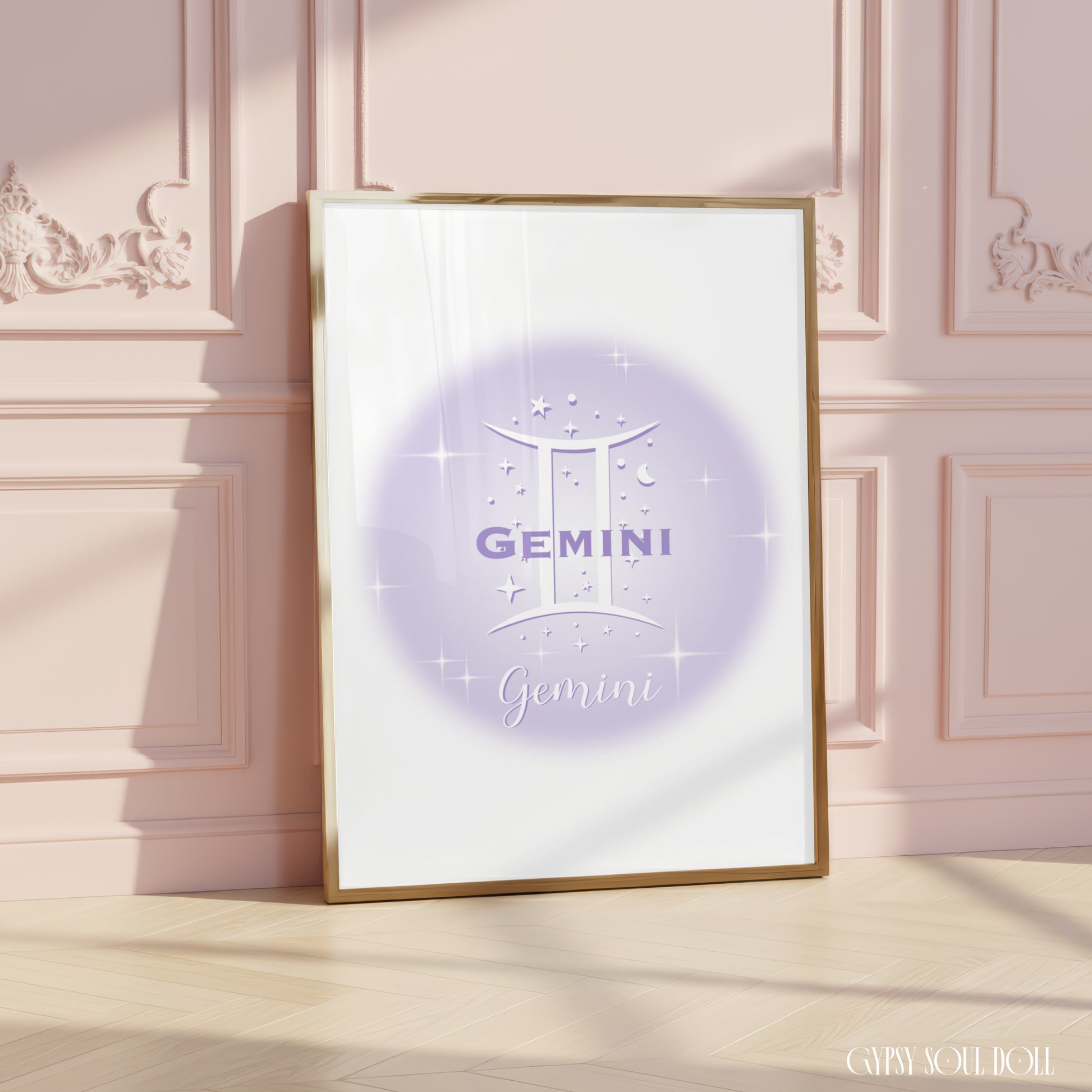 Minimalist aesthetic lavender aura print featuring the Gemini zodiac glyph centred with celestial stars and Y2K sparkles.