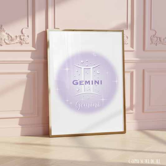Minimalist aesthetic lavender aura print featuring the Gemini zodiac glyph centred with celestial stars and Y2K sparkles.