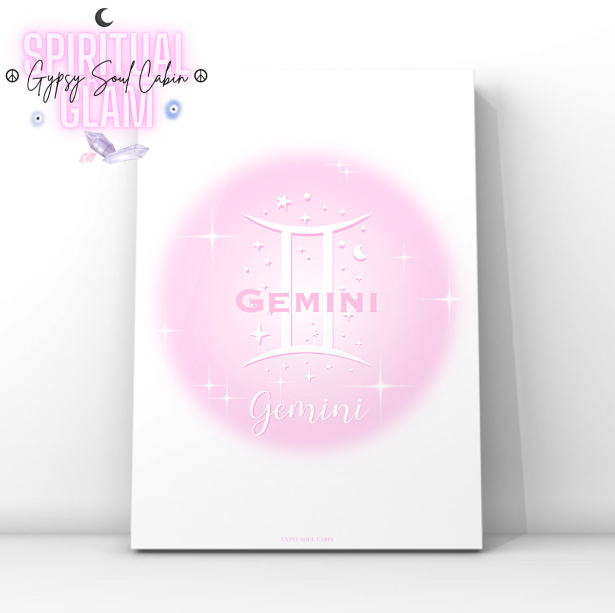 Minimalist aesthetic pink aura print featuring the Gemini zodiac glyph centred with celestial stars and Y2K sparkles.