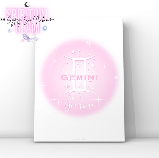 Minimalist aesthetic pink aura print featuring the Gemini zodiac glyph centred with celestial stars and Y2K sparkles.