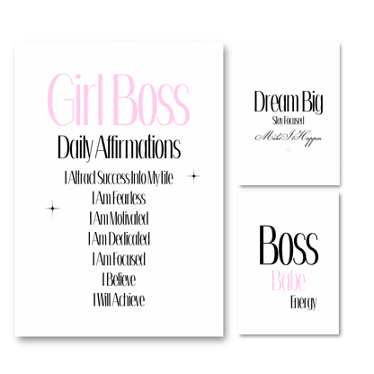 Set of three minimalist typography wall art prints featuring soft pink variant versions of Girl Boss Daily Affirmations, Dream Big, and Boss Babe Energy.