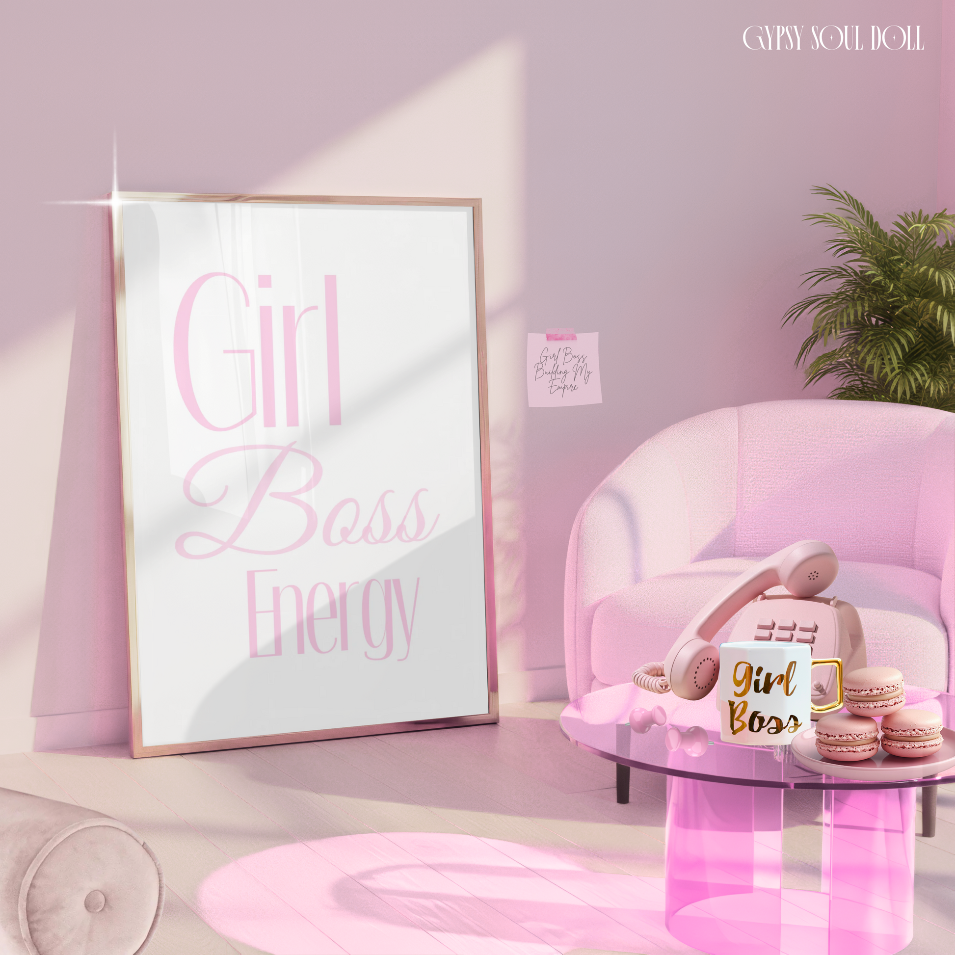 Pink room with ‘Just a Girl Boss Energy' poster, pink chair, and 'Girl Boss" coffee mug.