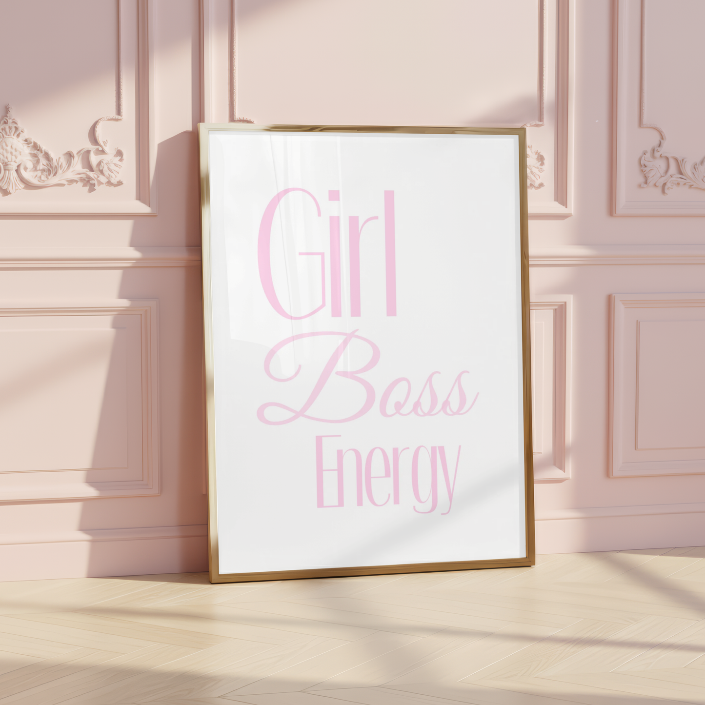 High-impact minimalist pink typography wall art featuring the text "Girl Boss Energy" in large, bold, and script fonts.