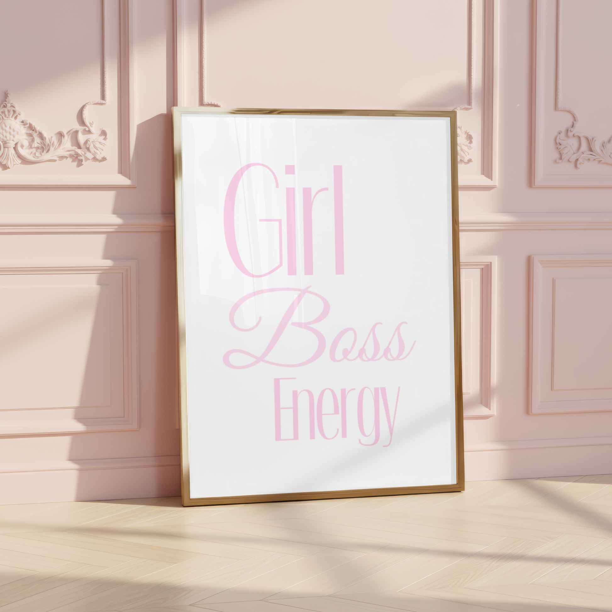 High-impact minimalist pink typography wall art featuring the text "Girl Boss Energy" in large, bold, and script fonts.