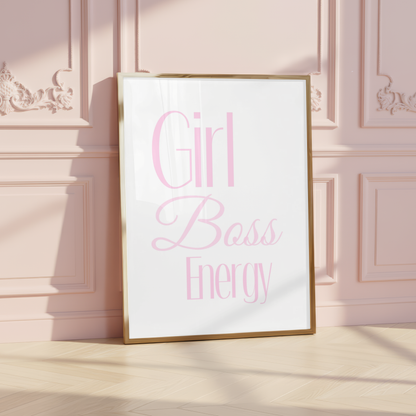 High-impact minimalist pink typography wall art featuring the text "Girl Boss Energy" in large, bold, and script fonts.