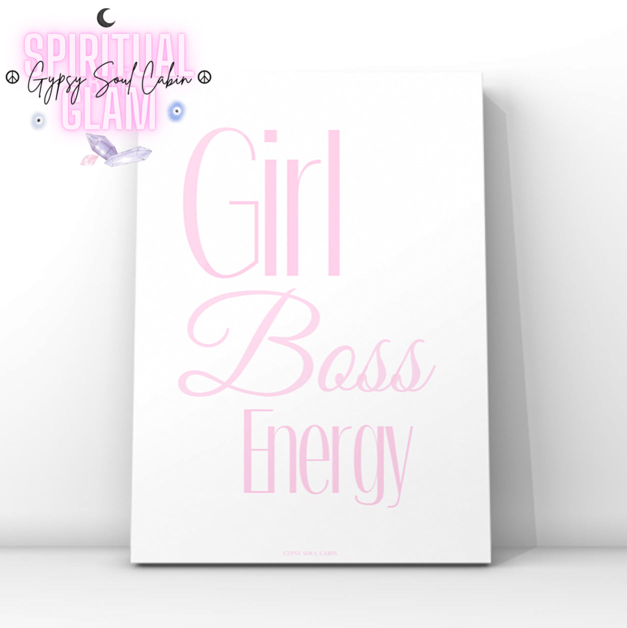 High-impact minimalist pink typography wall art featuring the text "Girl Boss Energy" in large, bold, and script fonts.