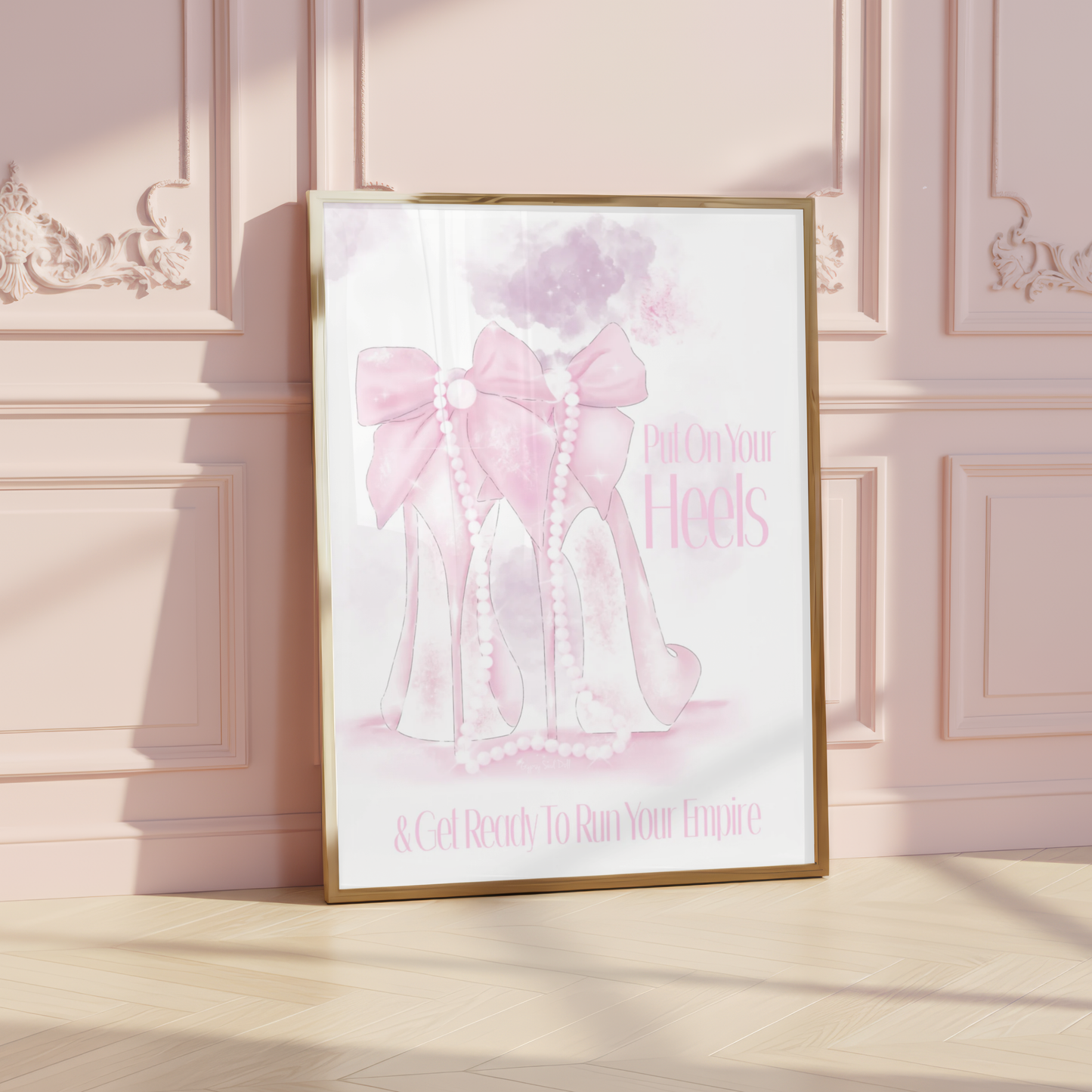 Set of three minimalist pink and white typography prints featuring a glamorous high heel illustration with pearls and empowering boss babe quotes.