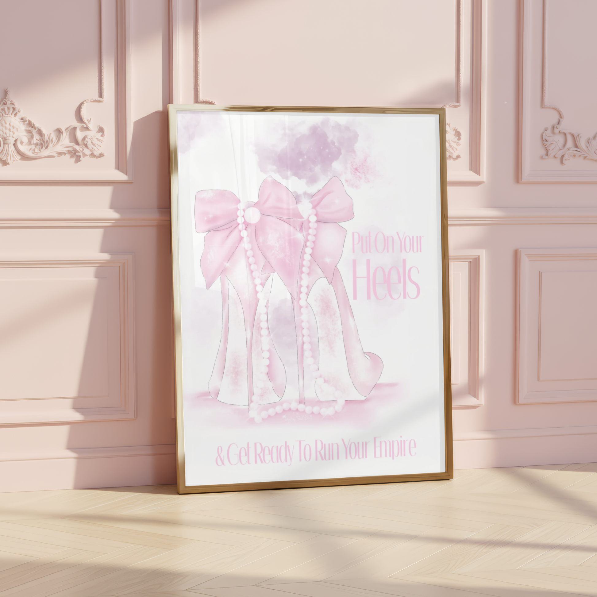 Set of three minimalist pink and white typography prints featuring a glamorous high heel illustration with pearls and empowering boss babe quotes.