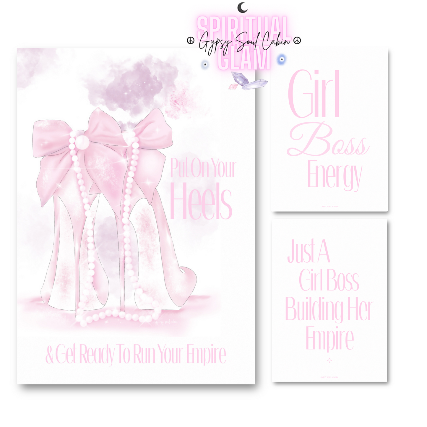 Set of three minimalist pink and white typography prints featuring a glamorous high heel illustration with pearls and empowering boss babe quotes.