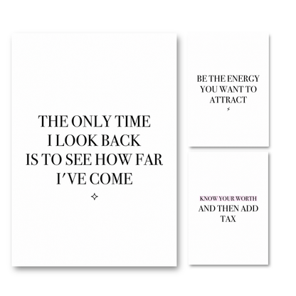 A 3-piece minimalist wall art print set featuring empowering black typography on a clean white background with phrases about success, being rare, and knowing your worth.