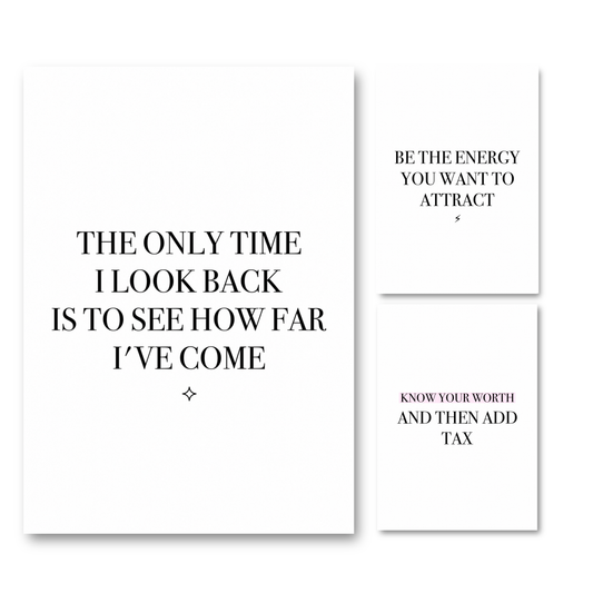 A 3-piece minimalist wall art print set featuring empowering black typography on a clean white background with phrases about success, being rare, and knowing your worth.