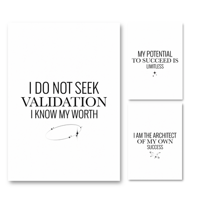 A matching three-piece A4 monochrome typography print bundle set by Gypsy Soul Doll featuring 'I Do Not Seek Validation I Know My Worth', 'My Potential To Succeed Is Limitless', and 'I Am The Architect Of My Own Success' with cosmic celestial ring graphics.