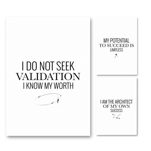 A matching three-piece A4 monochrome typography print bundle set by Gypsy Soul Doll featuring 'I Do Not Seek Validation I Know My Worth', 'My Potential To Succeed Is Limitless', and 'I Am The Architect Of My Own Success' with cosmic celestial ring graphics.