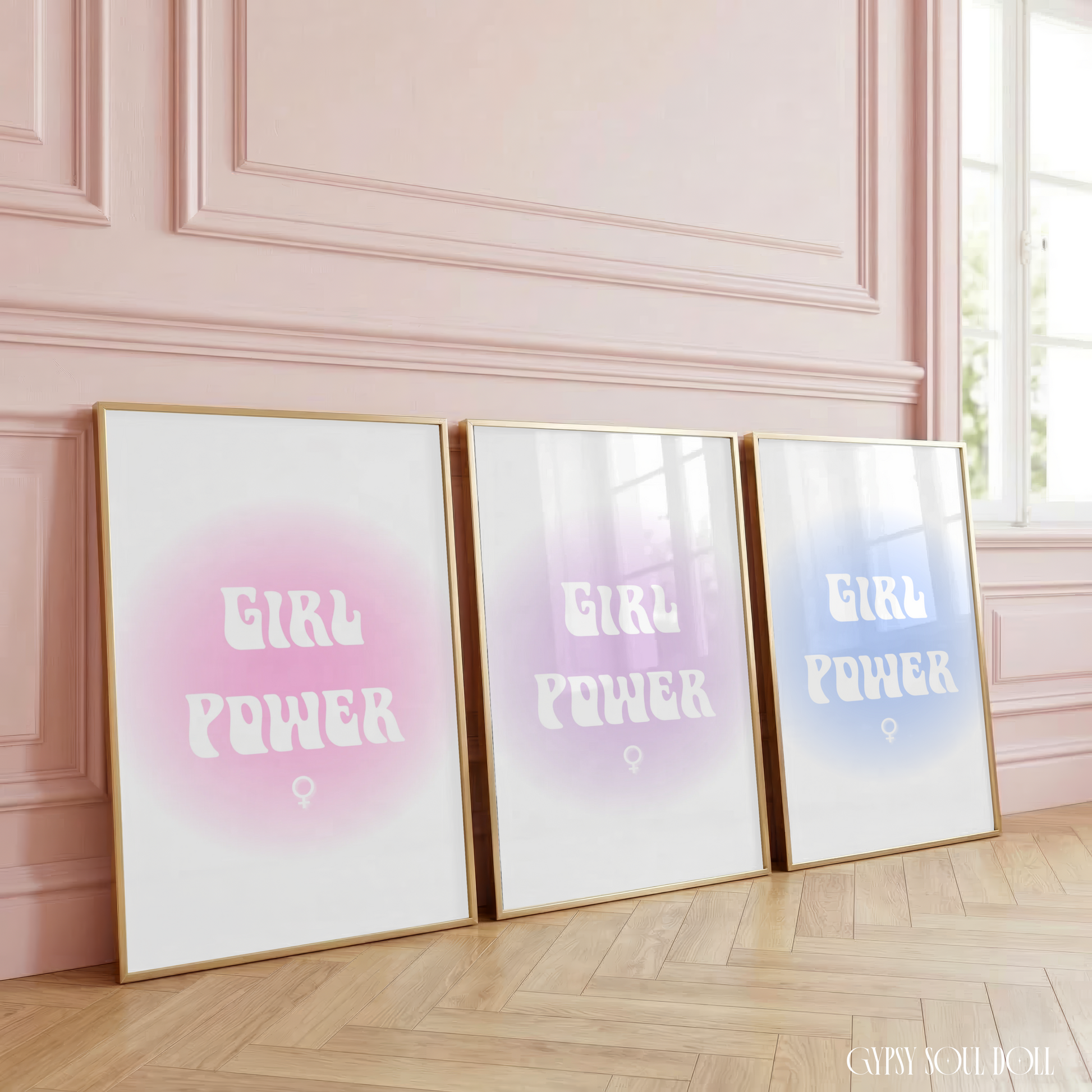 Girl Power aura gradient typography print displayed in three colour options, including soft pink, lavender purple, and dreamy pastel blue, with a female symbol on a clean white borderless background.
