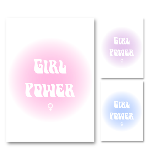 Girl Power aura gradient typography print displayed in three colour options, including soft pink, lavender purple, and dreamy pastel blue, with a female symbol on a clean white borderless background.