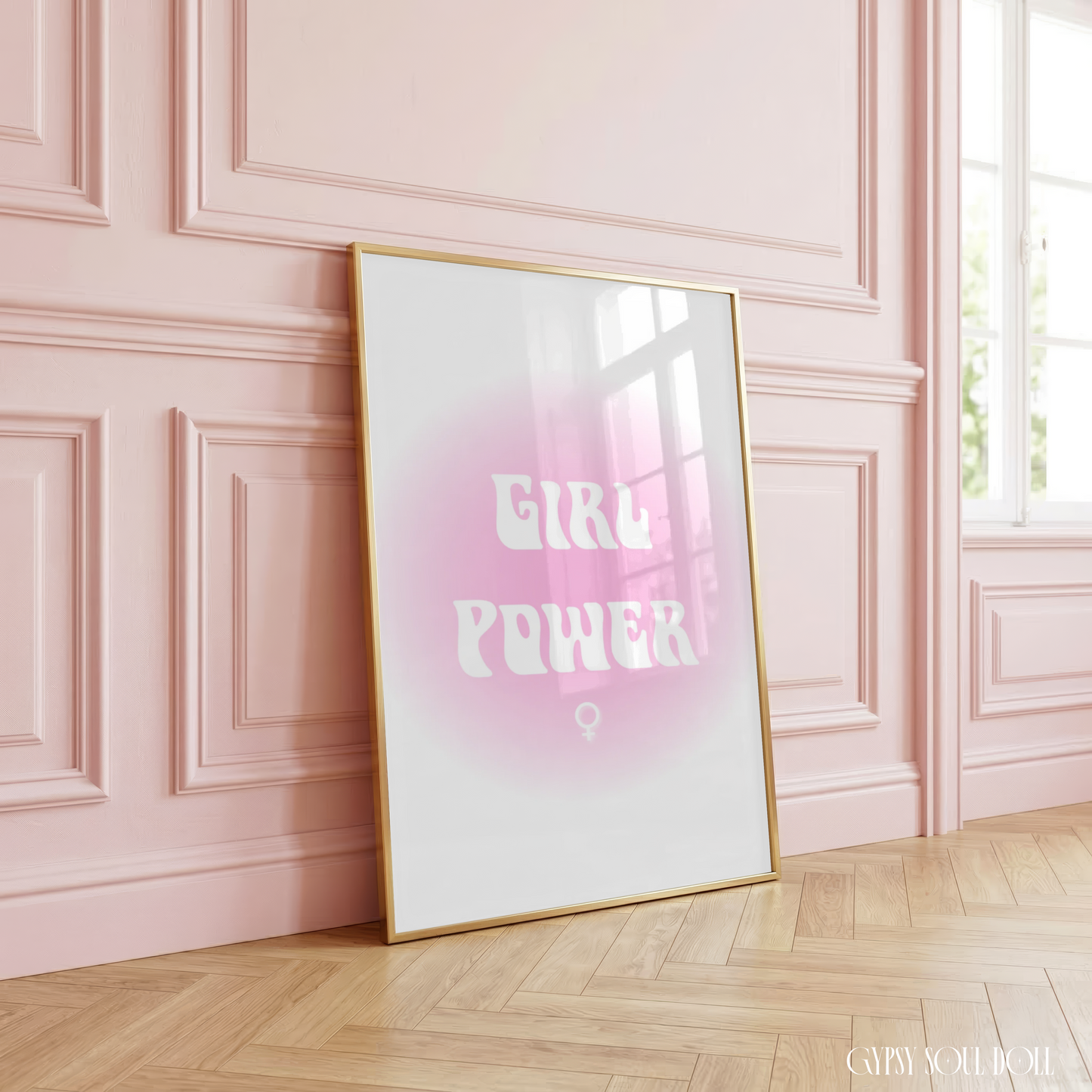 Girl Power aura gradient typography print featuring a soft pink aesthetic glow, retro white lettering, and a female Venus symbol on a clean white background.