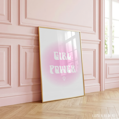 Girl Power aura gradient typography print featuring a soft pink aesthetic glow, retro white lettering, and a female Venus symbol on a clean white background.