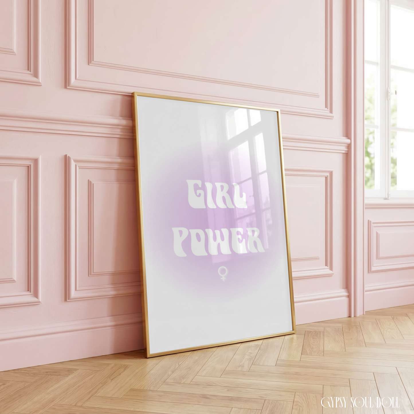 Girl Power aura gradient typography print featuring a dreamy lavender purple aesthetic glow, retro white lettering, and a female Venus symbol on a clean white background.