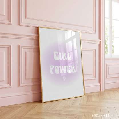 Girl Power aura gradient typography print featuring a dreamy lavender purple aesthetic glow, retro white lettering, and a female Venus symbol on a clean white background.
