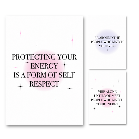 Set of three spiritual typography wall art prints with soft pink and purple aura gradient glows, featuring quotes about protecting your energy.