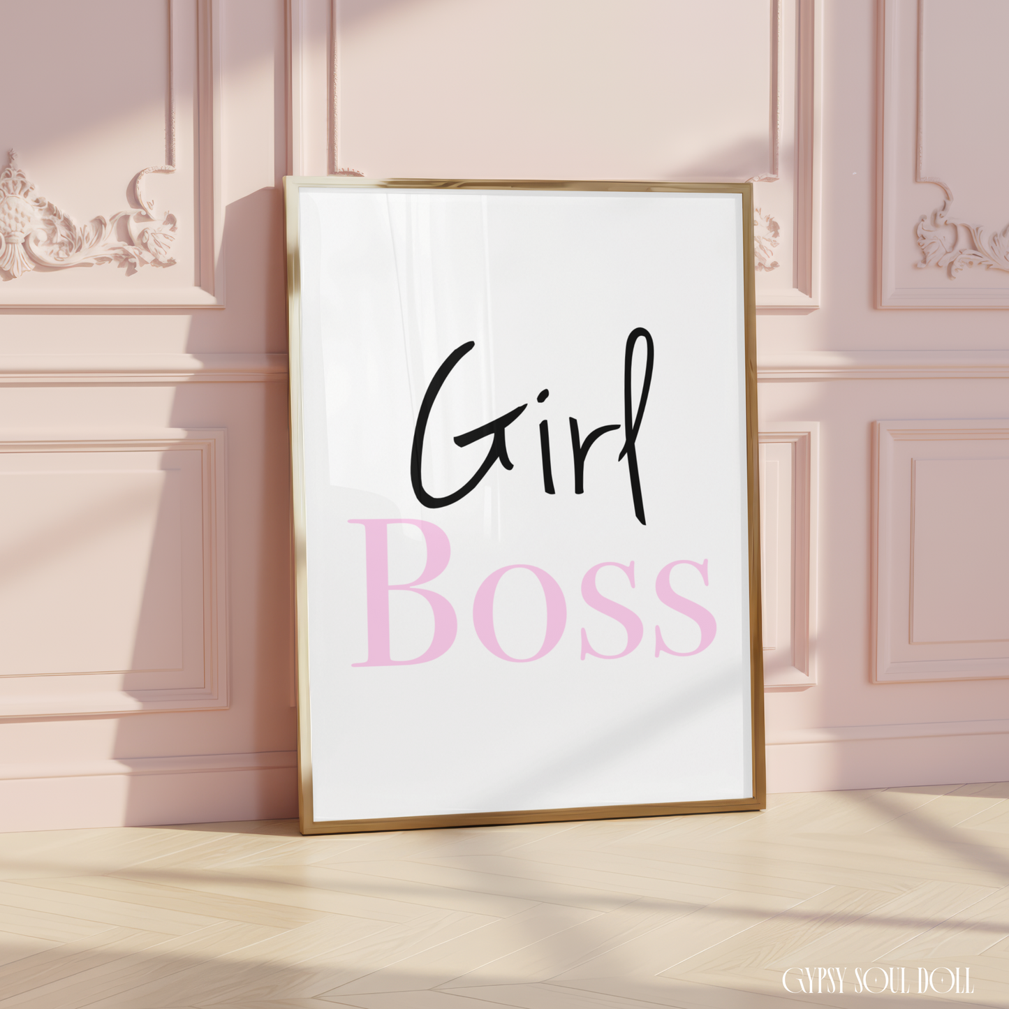 Minimalist A4 typographic wall art print featuring black script writing reading Girl paired with centred, bold soft pink serif text reading Boss.