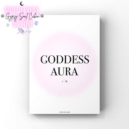 Minimalist divine feminine print displaying the text “Goddess Aura” over a soft, glowing pink gradient aura ring background with tiny star accents.