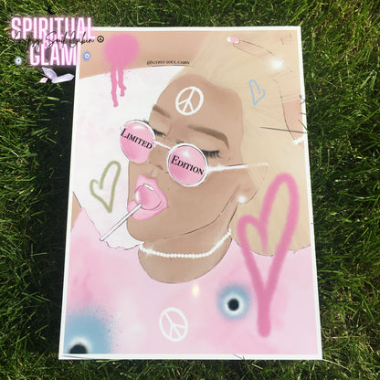 Real life minimalist A4 fashion illustration art print featuring a blonde lollipop baddie woman in pink, wearing sunglasses that read Good Vibes, decorated with pink hearts, peace symbols, and spray-painted evil eyes.