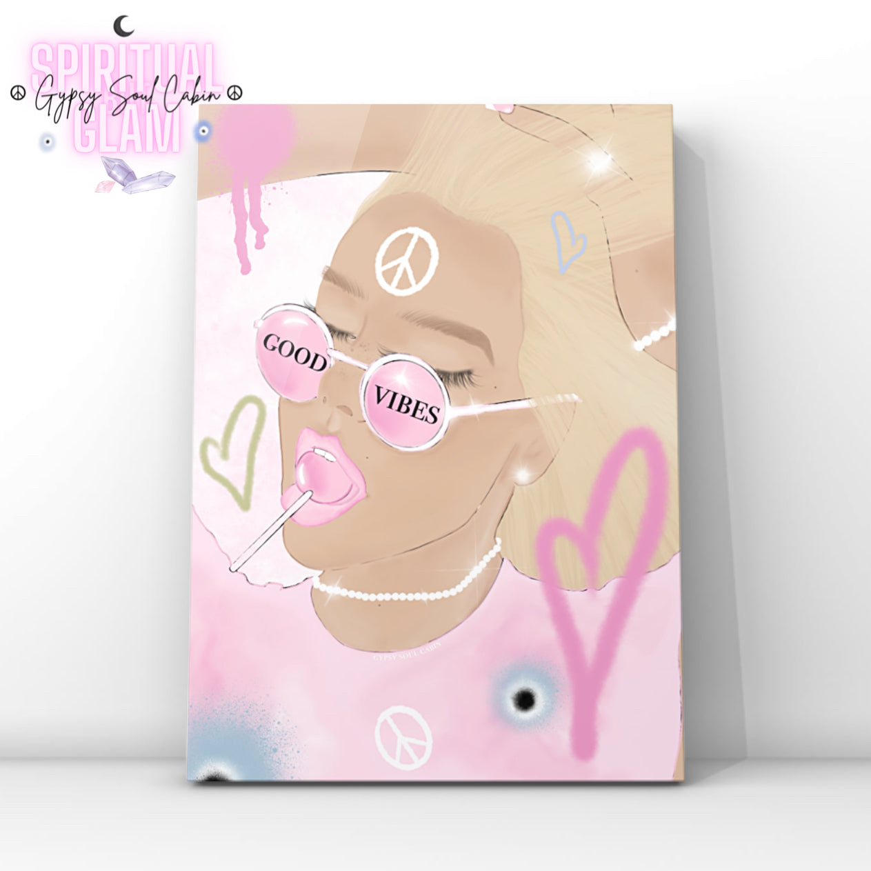 Minimalist A4 fashion illustration art print featuring a blonde lollipop baddie woman in pink, wearing sunglasses that read Good Vibes, decorated with pink hearts, peace symbols, and spray-painted evil eyes.